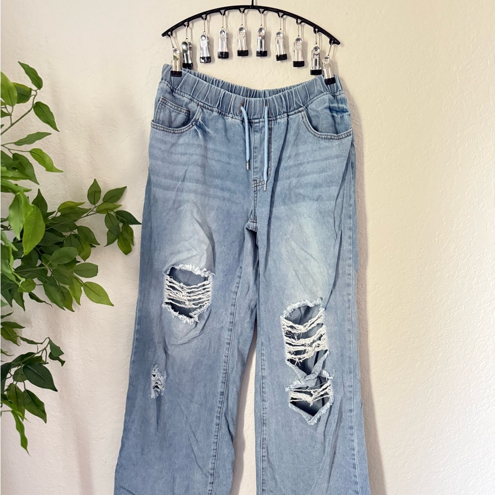 SHEIN XL Distressed Wide Leg Light Wash Denim Joggers